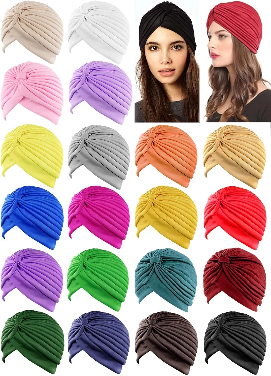 20 Pieces Stretchy Beanie Turban Cap Twisted Head Wraps Chemo Hat Pleated Headwrap Head Cover for Women Girl Multicolor