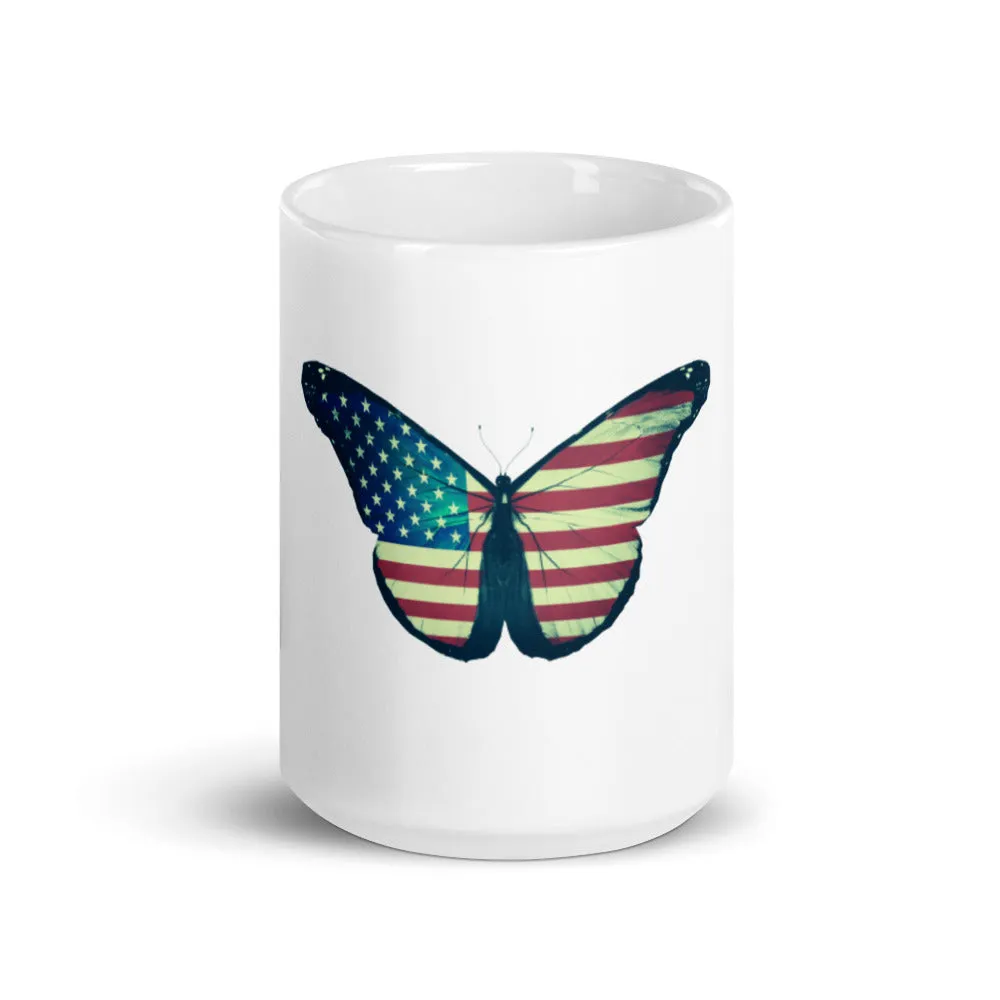 American flag butterfly white coffee mug, lioness-love