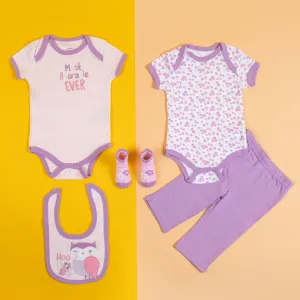 Baby Moo Adorable Gift Set 5 Piece With Bodysuits, Pyjama, Bib And Socks - Purple
