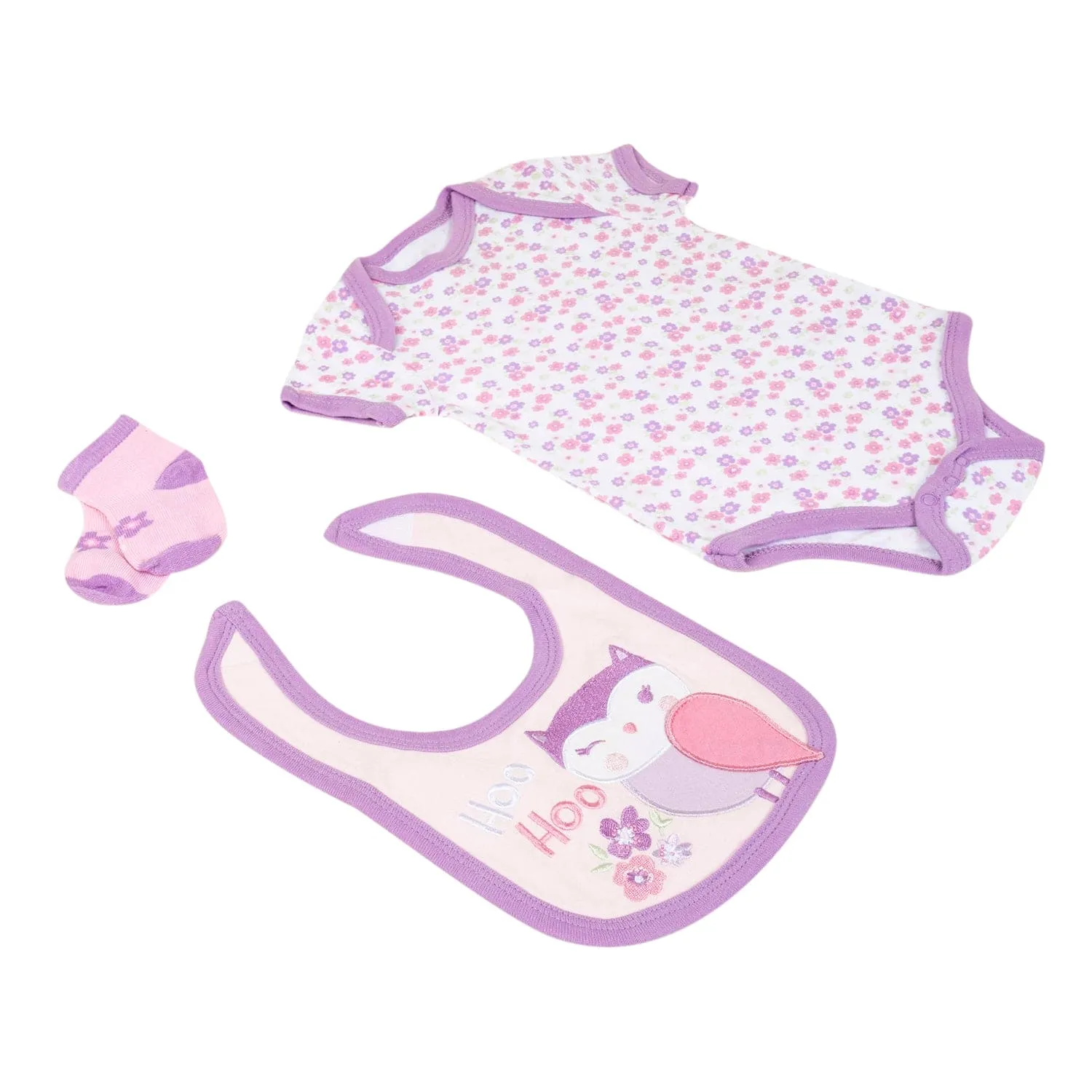 Baby Moo Adorable Gift Set 5 Piece With Bodysuits, Pyjama, Bib And Socks - Purple