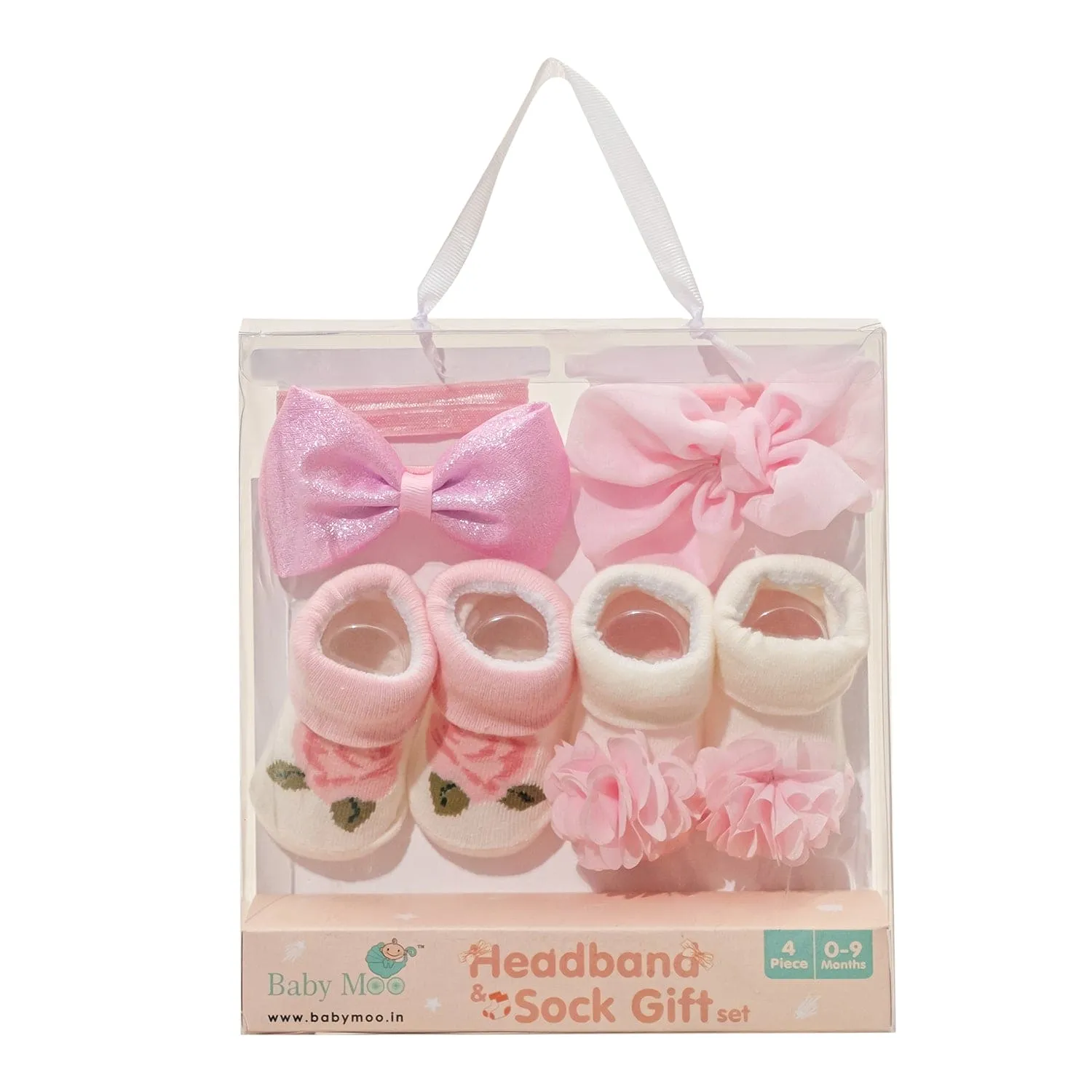 Baby Moo Born To Shine Infant Girl 4-Piece Gift Hairband And Socks Set - Pink