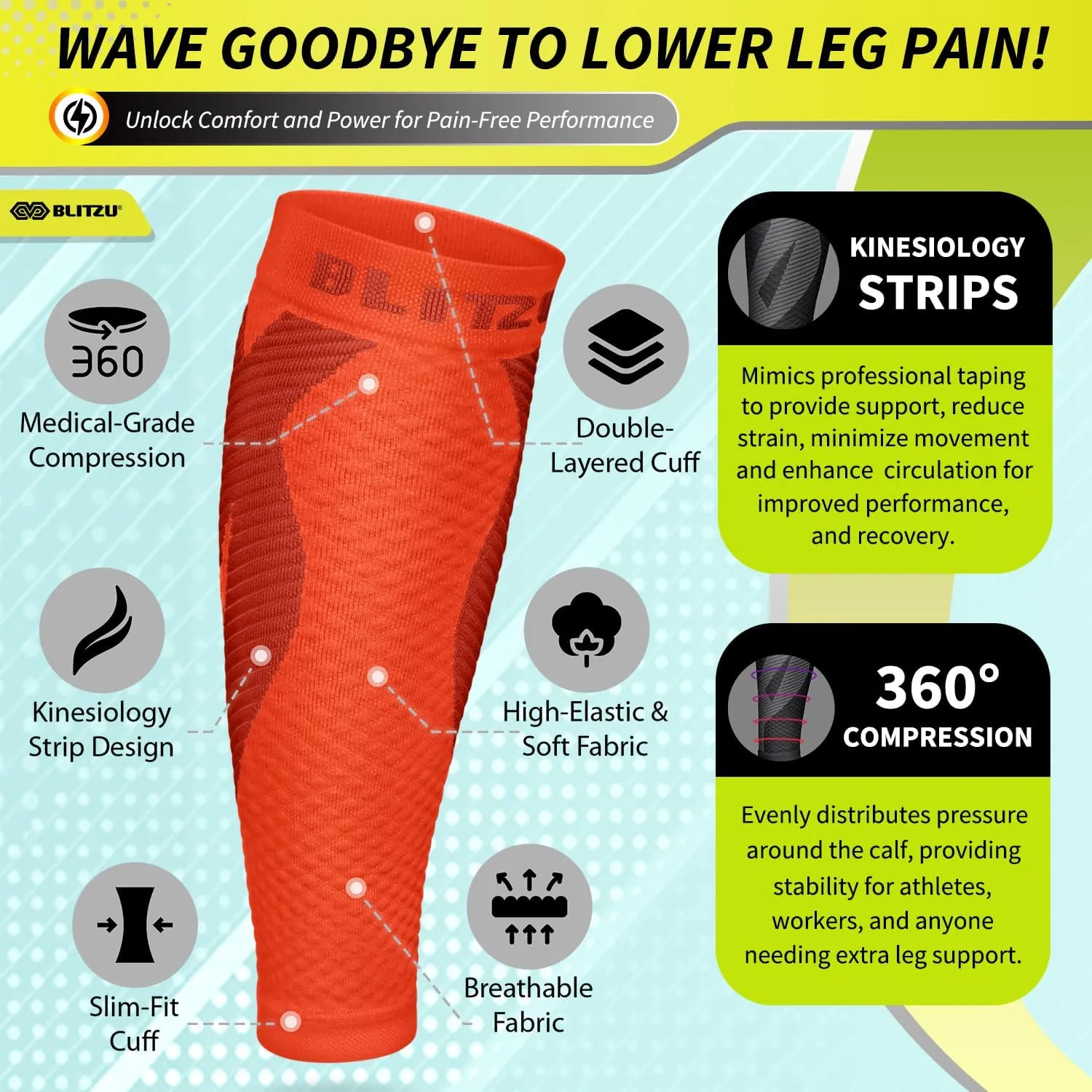 BLITZU Calf Compression Sleeve for Men & Women Footless Compression Socks Support Runners Leg Sleeve Shin Splints Pain Relief