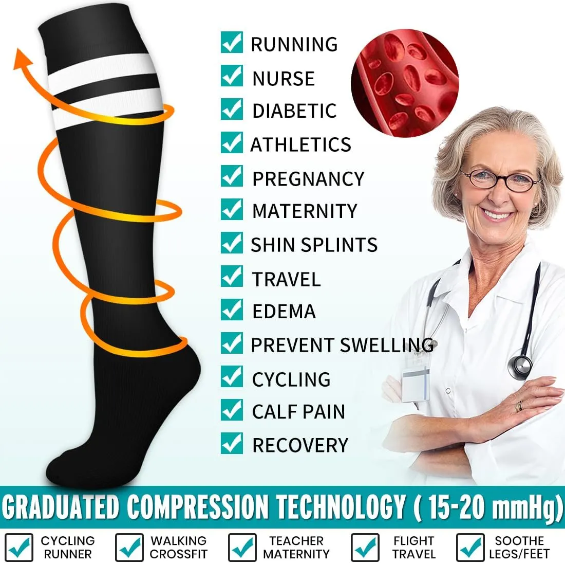 BLUEENJOY Copper Compression Socks for Women & Men (6 pairs) - Best Support for Nurses, Running, Hiking, Recovery