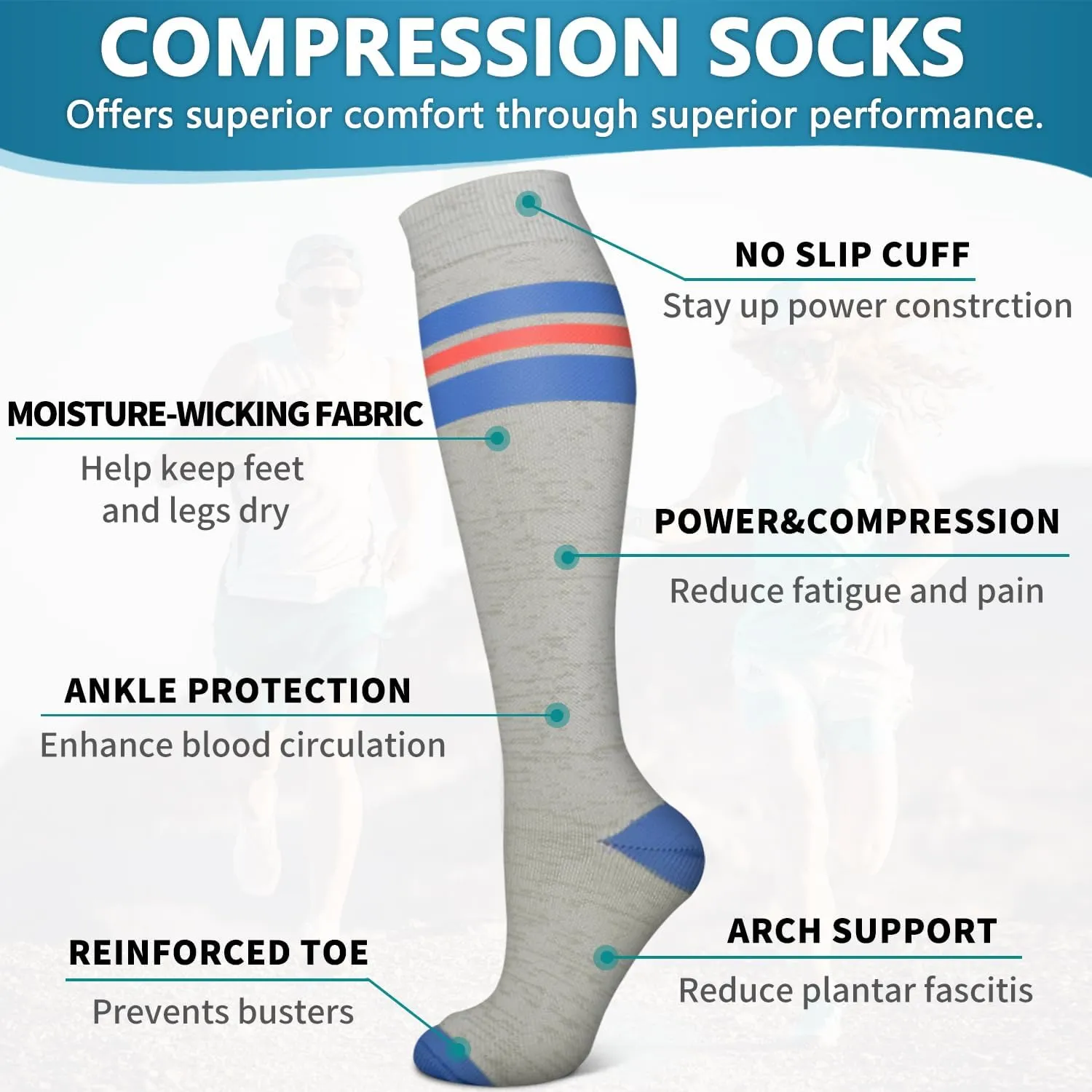 Bluemaple 6 Pack Copper Compression Socks for Women and Men Circulation-Best Support for Medical, Running,Nursing,Athletic