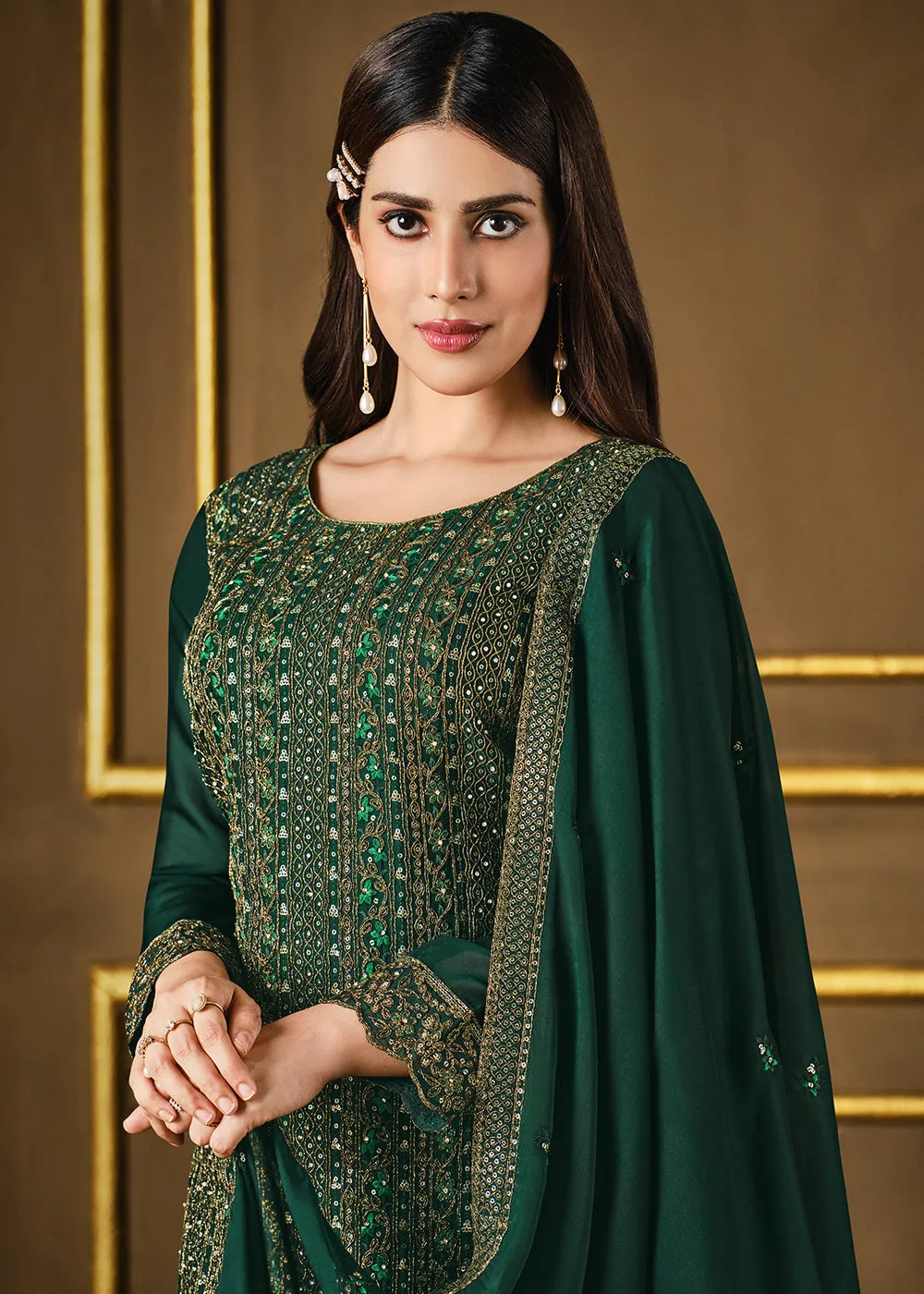 Bottle Green Two Tone Georgette Party Wear Salwar Suit