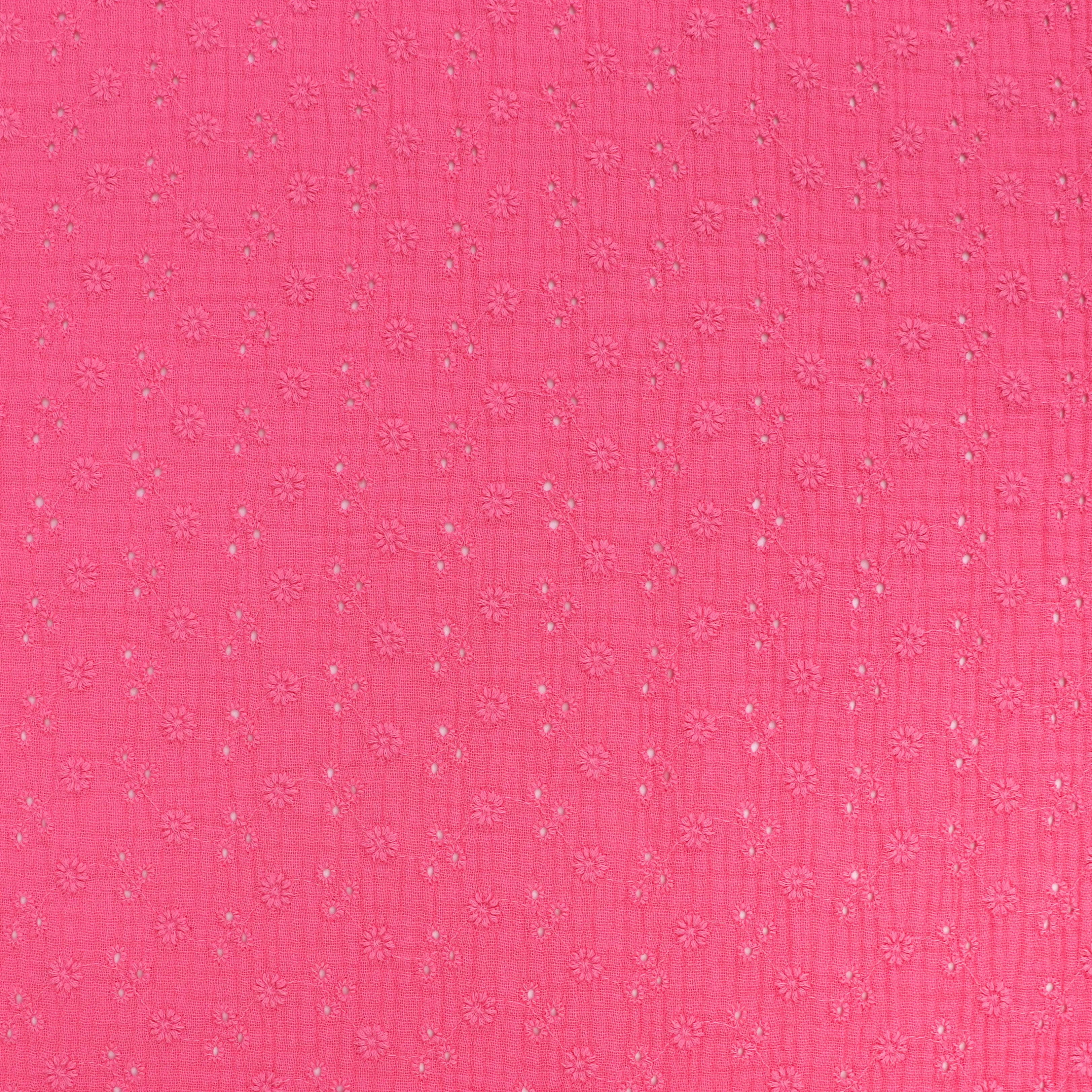 Cotton Double Gauze - Embroidered Flowers - Pink - END OF BOLT 130cm