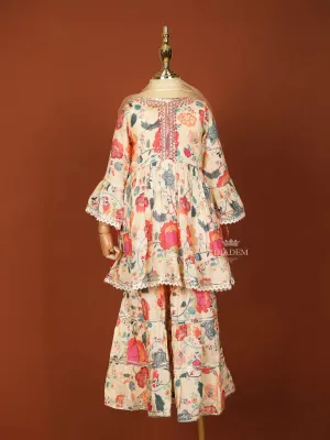 Cream Georgette Sharara Set with Floral Prints and paired with Dupatta