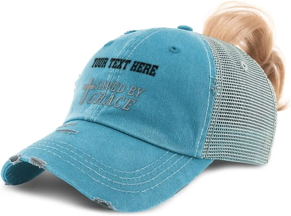 Custom Womens Ponytail Cap Saved by Grace Jesus Christian Embroidery Cotton