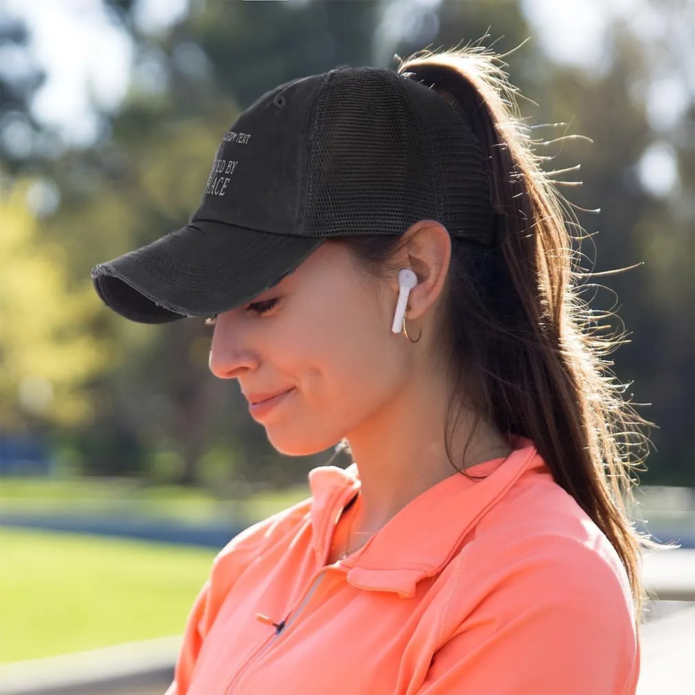 Custom Womens Ponytail Cap Saved by Grace Jesus Christian Embroidery Cotton