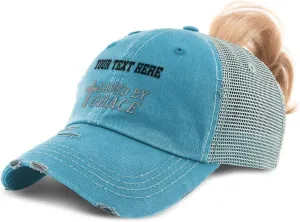Custom Womens Ponytail Cap Saved by Grace Jesus Christian Embroidery Cotton