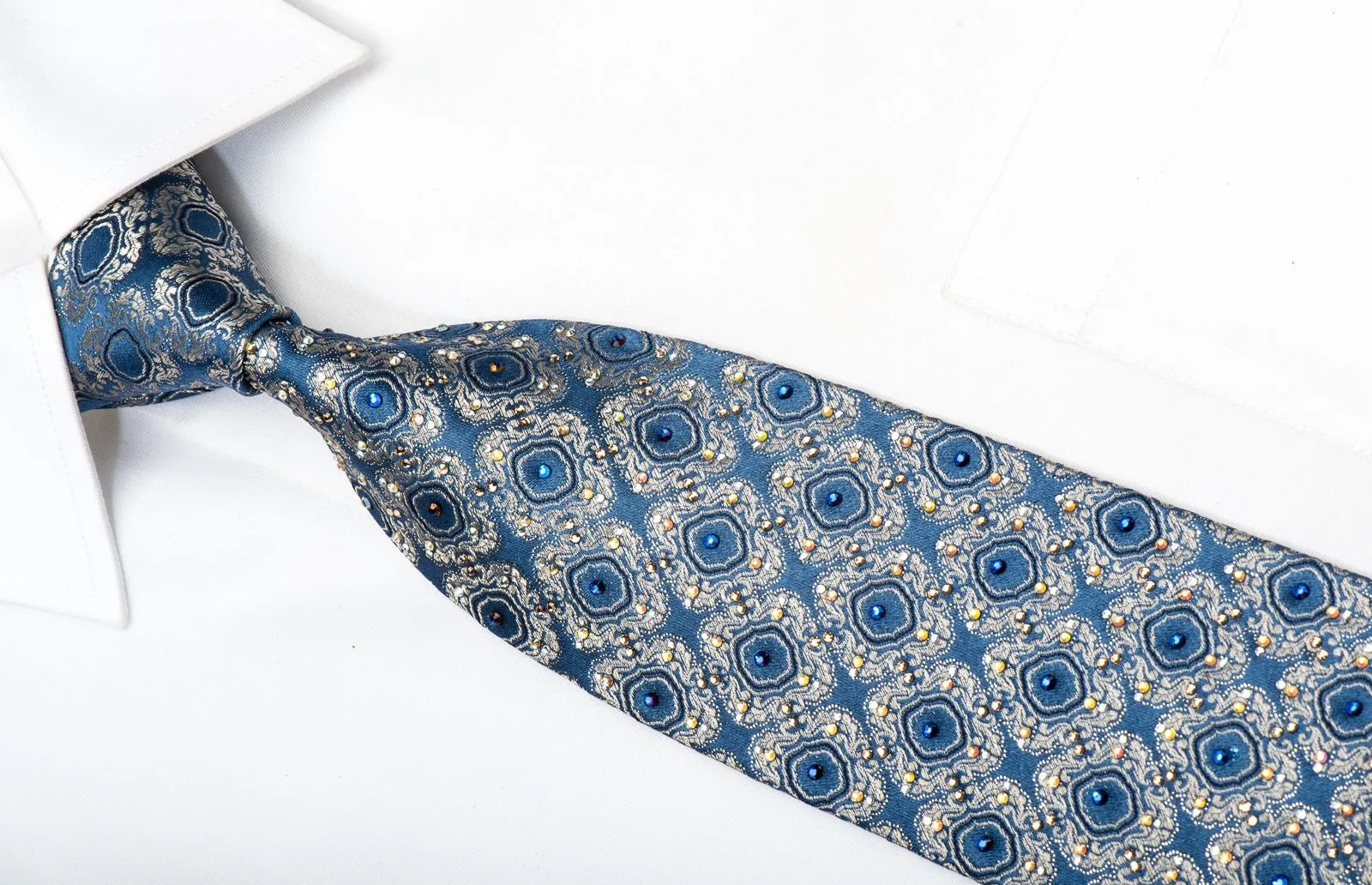 Daniel Hechter Men's Silk Necktie Golden Cartouche On Blue Sparkling With Rhinestones