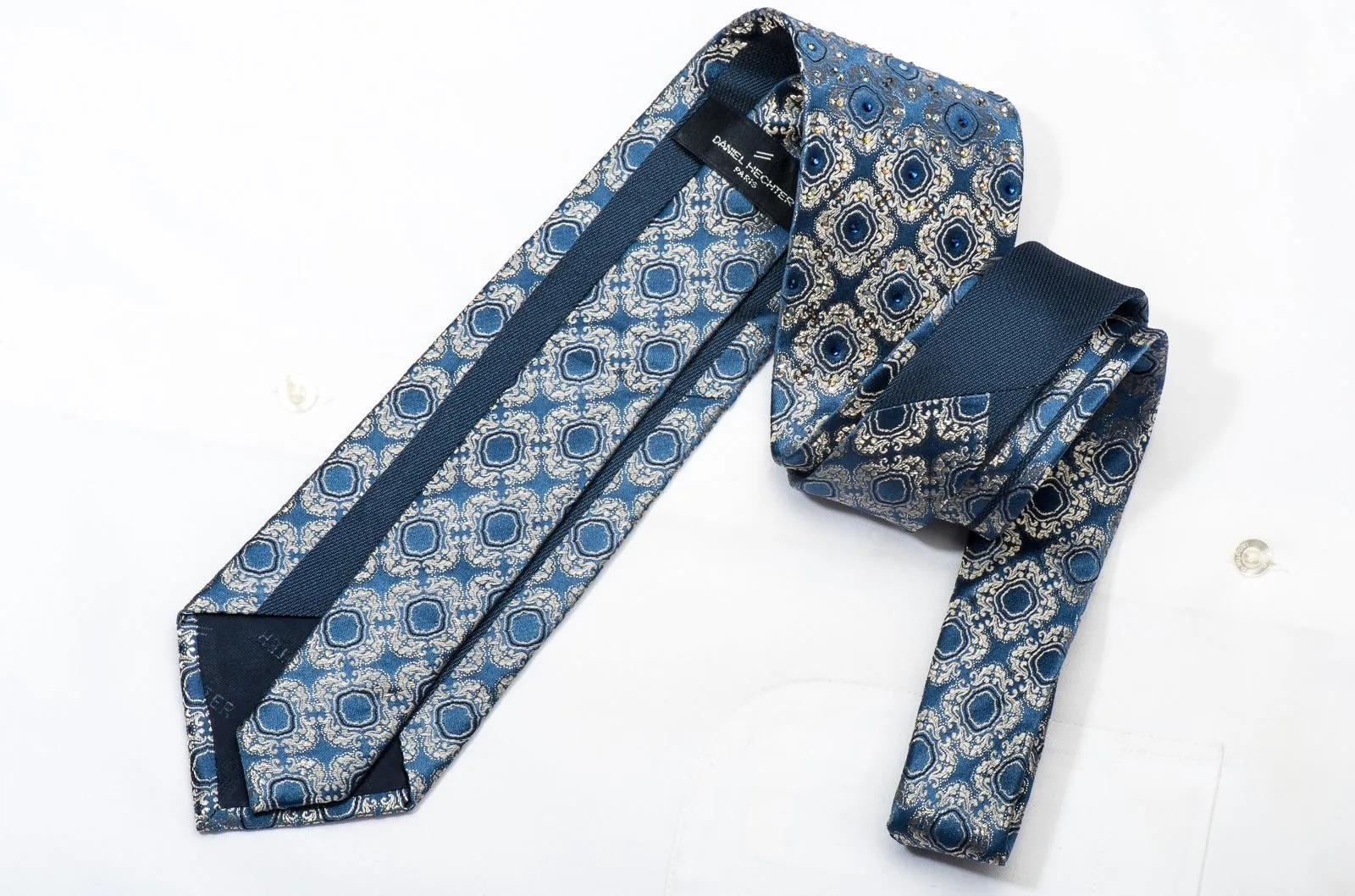Daniel Hechter Men's Silk Necktie Golden Cartouche On Blue Sparkling With Rhinestones