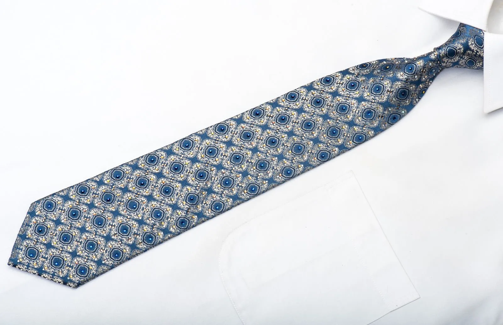 Daniel Hechter Men's Silk Necktie Golden Cartouche On Blue Sparkling With Rhinestones