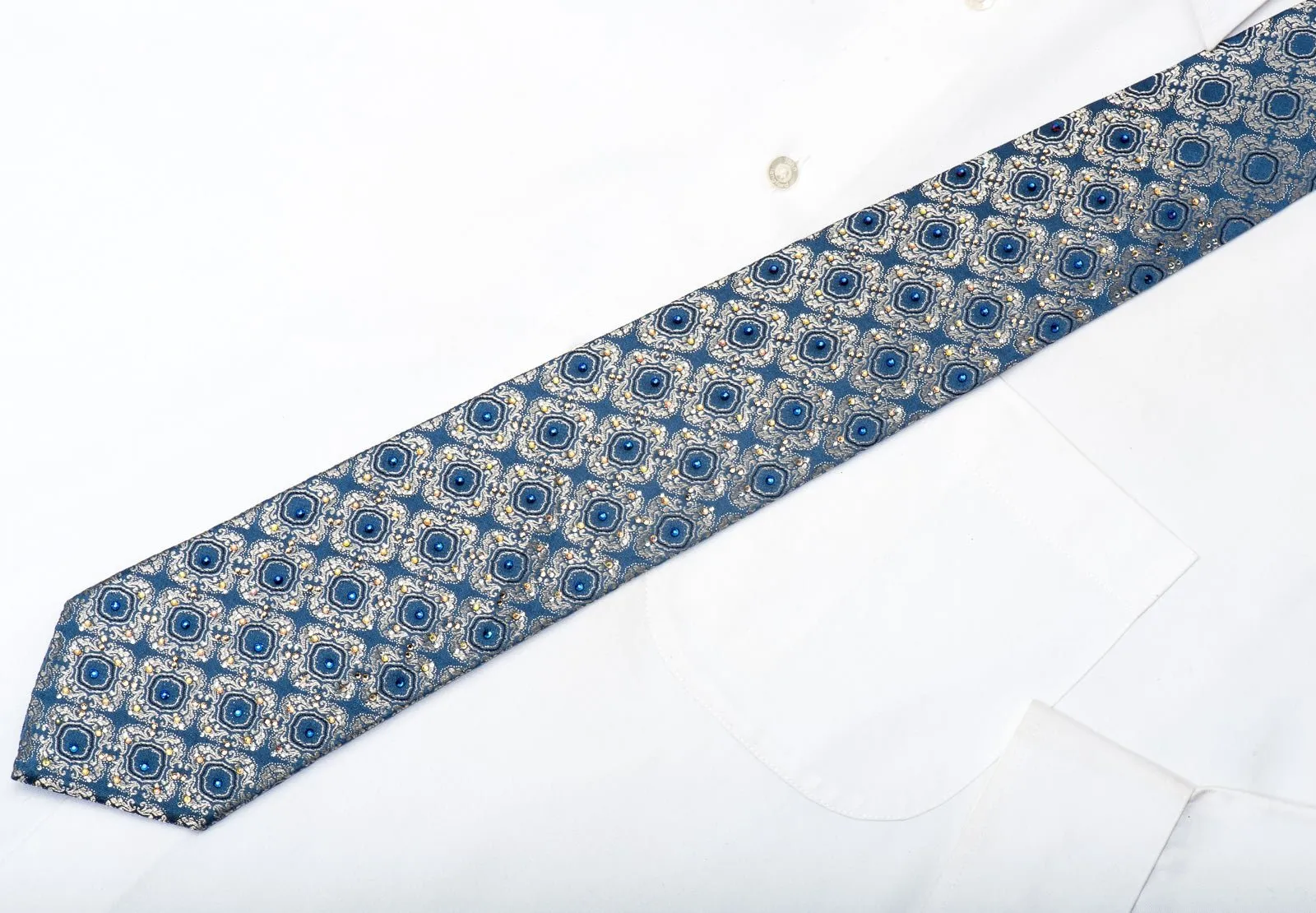Daniel Hechter Men's Silk Necktie Golden Cartouche On Blue Sparkling With Rhinestones