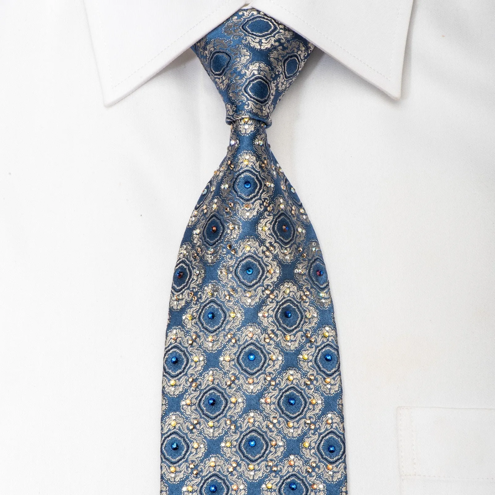 Daniel Hechter Men's Silk Necktie Golden Cartouche On Blue Sparkling With Rhinestones