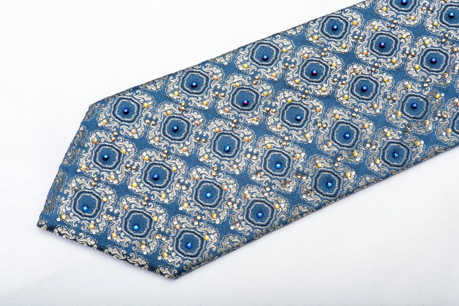Daniel Hechter Men's Silk Necktie Golden Cartouche On Blue Sparkling With Rhinestones