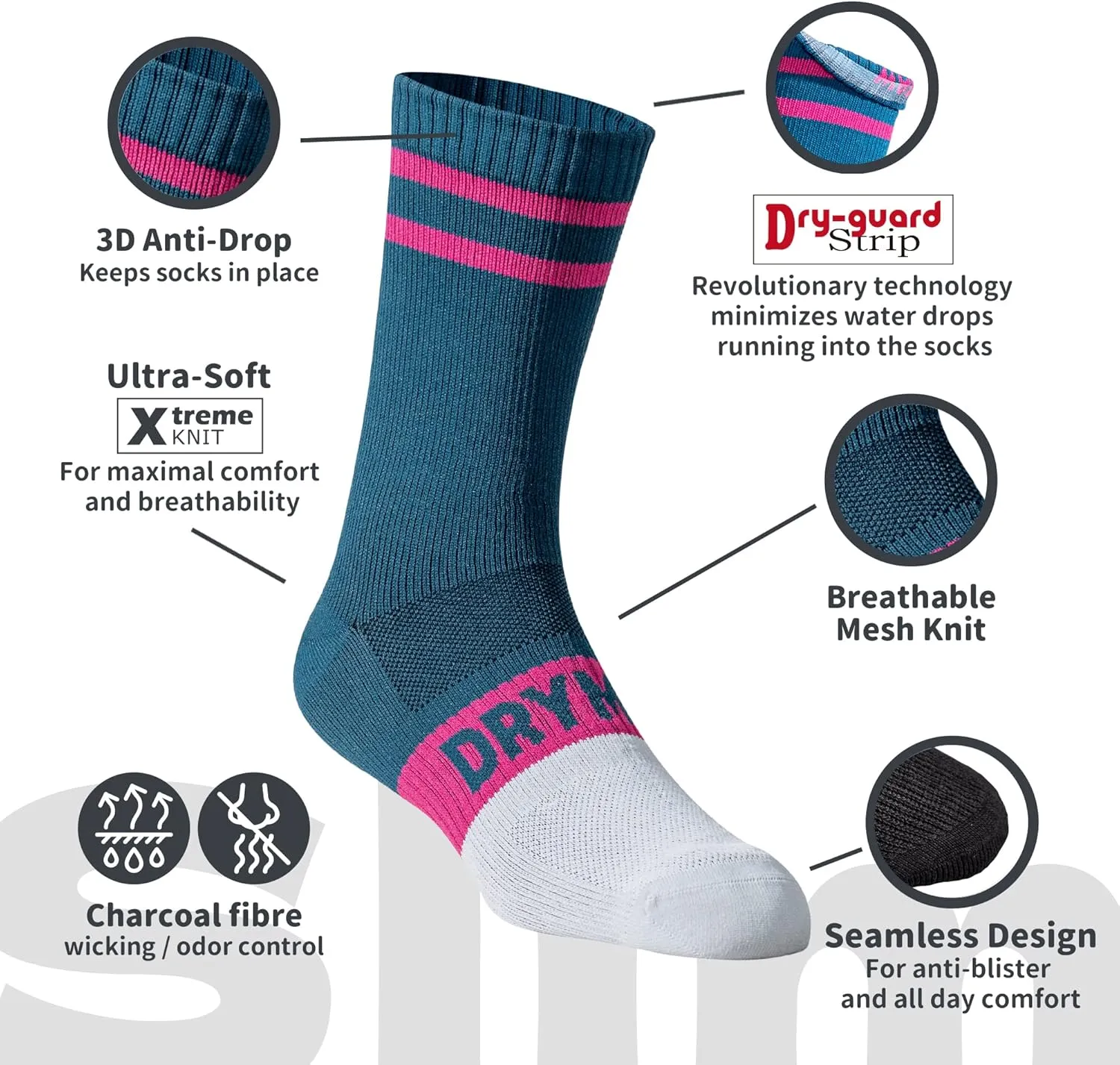 DRYMILE Slim Waterproof Socks, Thin Moisture Wicking Waterproof Socks for Men & Women, Golf, Cycling, Trekking - Crew
