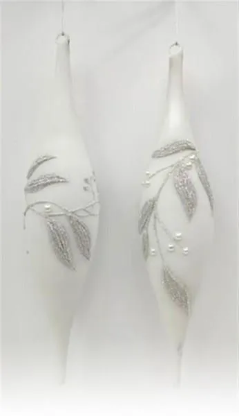 Frosted White Elongated Oval Glass Ornaments with Silver Vines, Set of 2