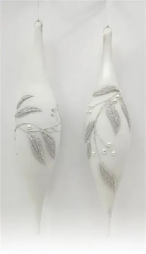 Frosted White Elongated Oval Glass Ornaments with Silver Vines, Set of 2