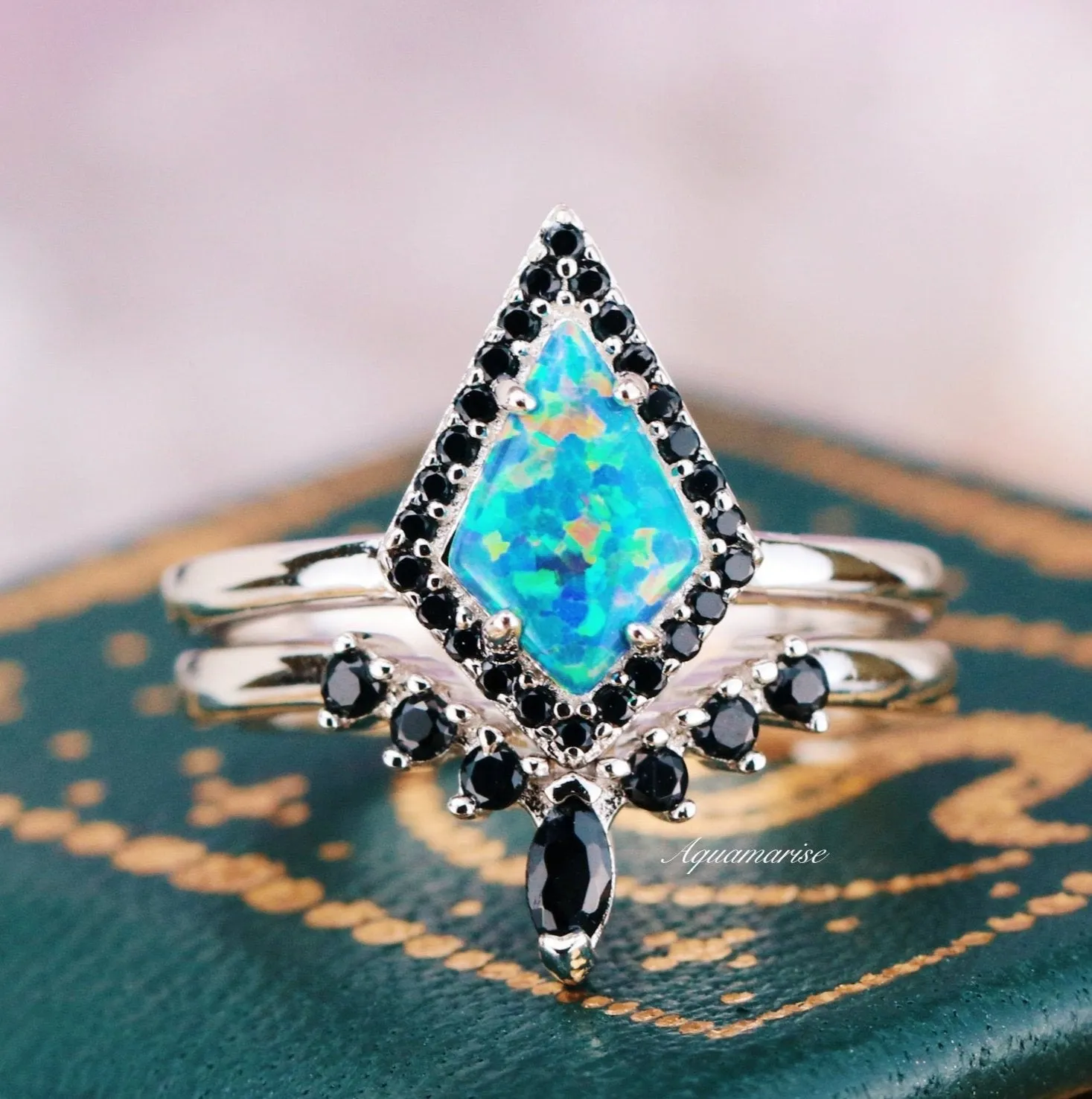 Galaxy Fire Opal & Starry Night Couples Ring