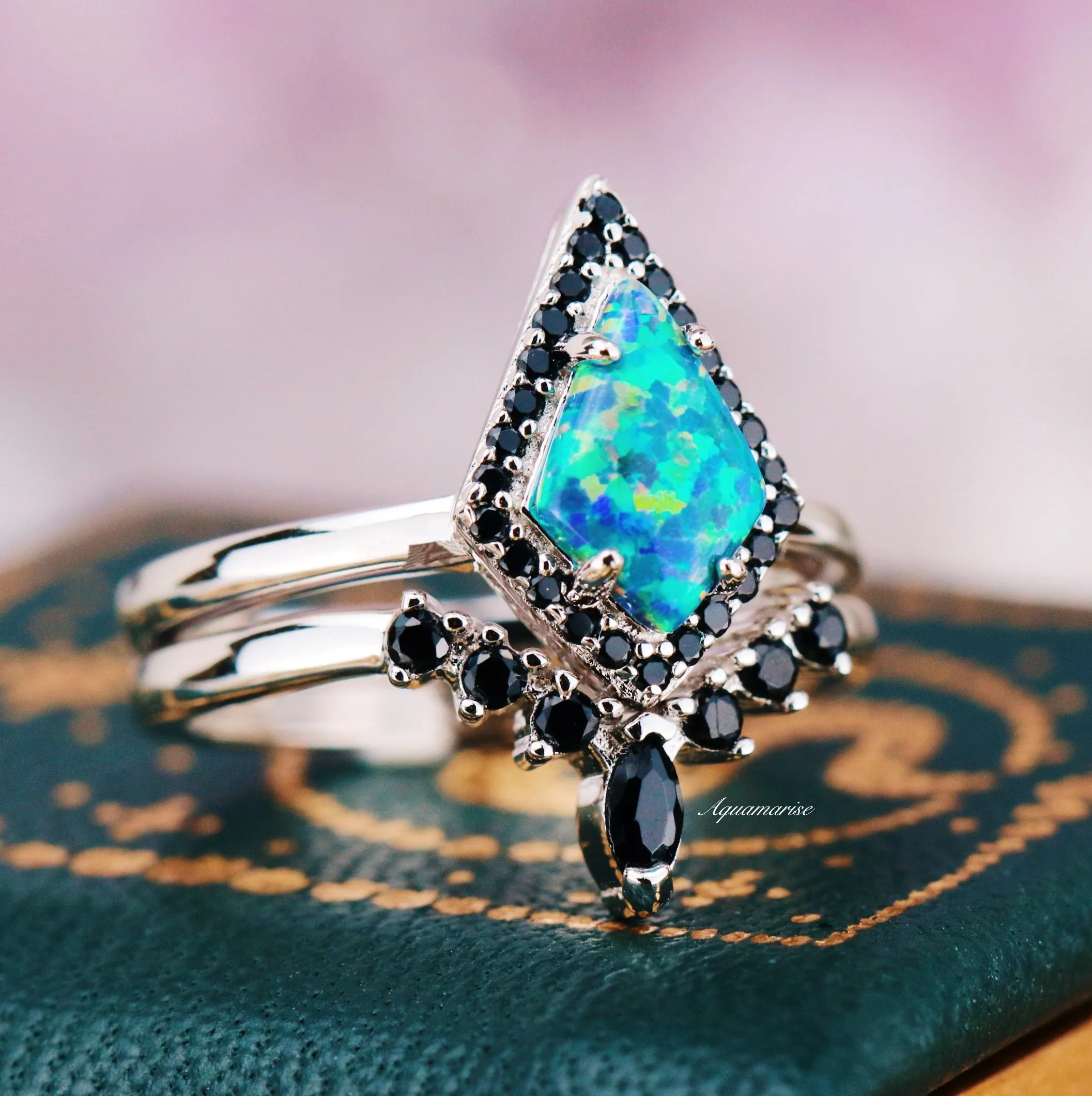 Galaxy Fire Opal & Starry Night Couples Ring