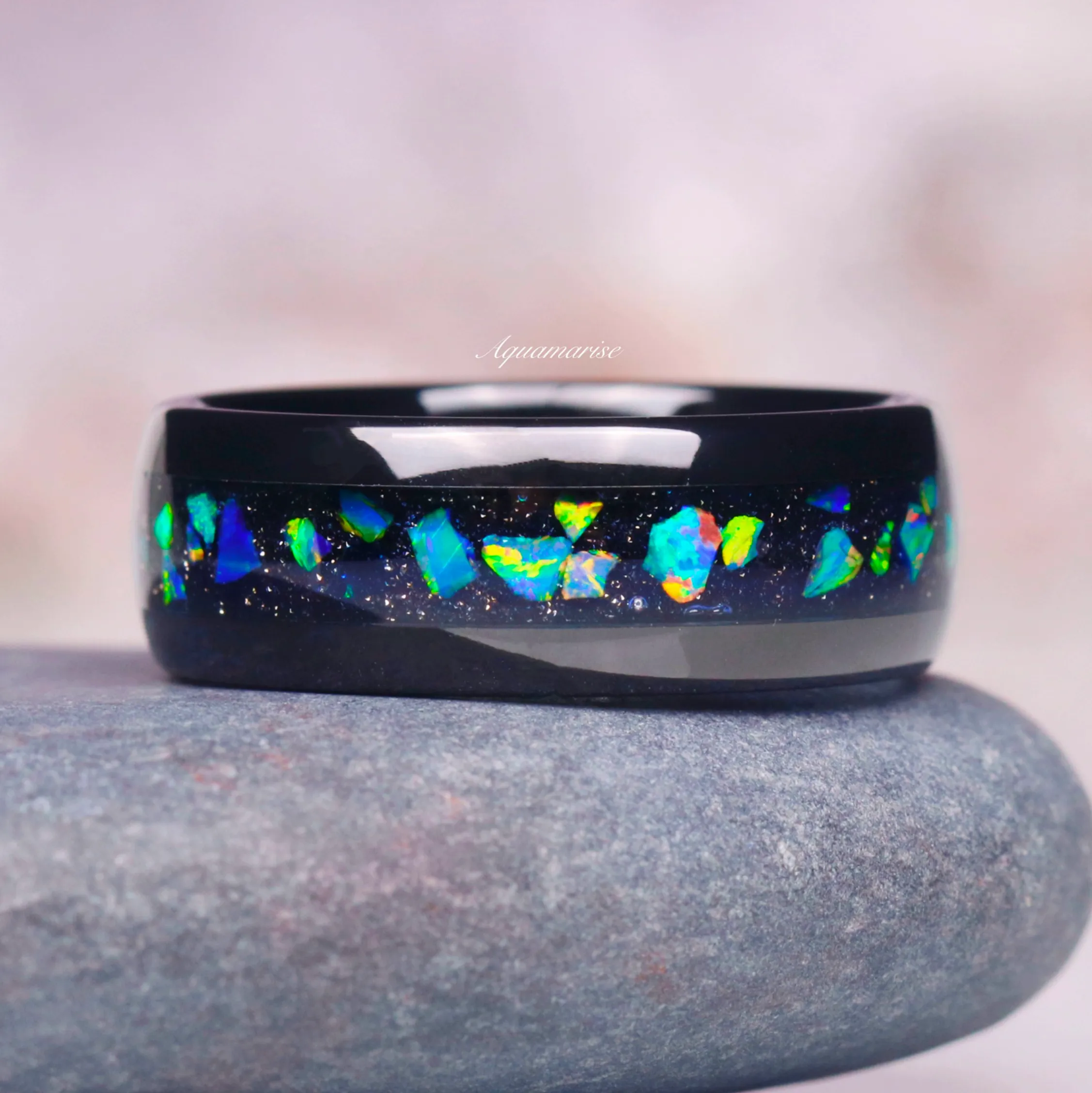 Galaxy Fire Opal & Starry Night Couples Ring