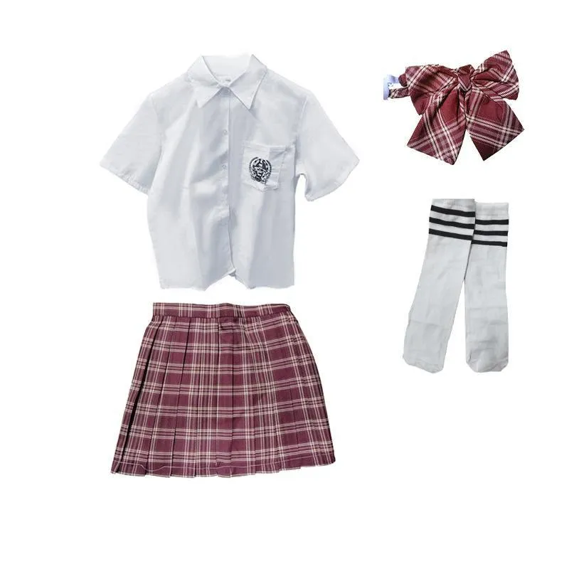 Girls Red Tartan Plaid Pleated Skirt Uniform Set