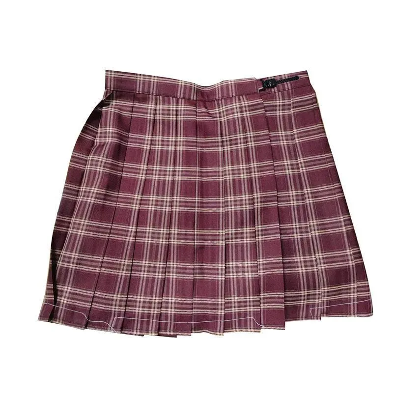 Girls Red Tartan Plaid Pleated Skirt Uniform Set