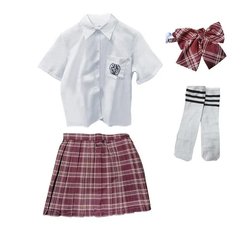 Girls Red Tartan Plaid Pleated Skirt Uniform Set