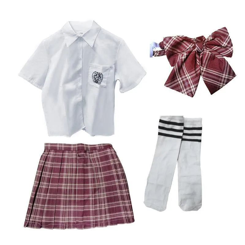 Girls Red Tartan Plaid Pleated Skirt Uniform Set