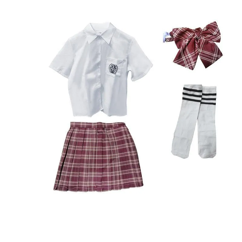 Girls Red Tartan Plaid Pleated Skirt Uniform Set