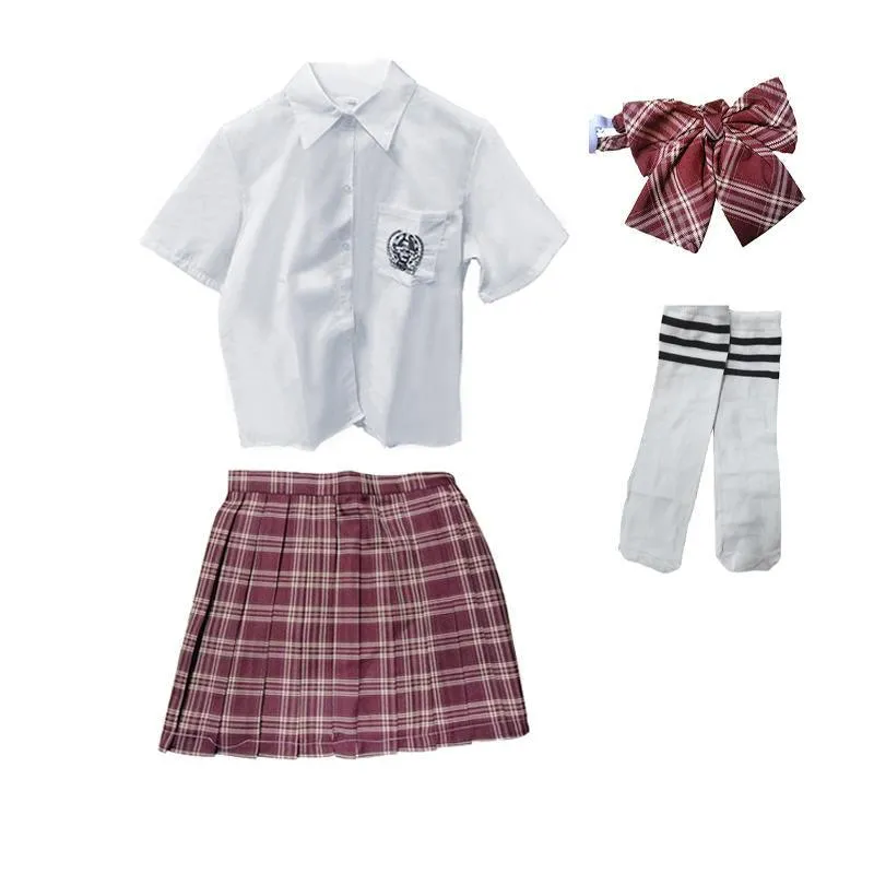 Girls Red Tartan Plaid Pleated Skirt Uniform Set