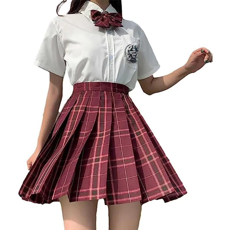 Girls Red Tartan Plaid Pleated Skirt Uniform Set