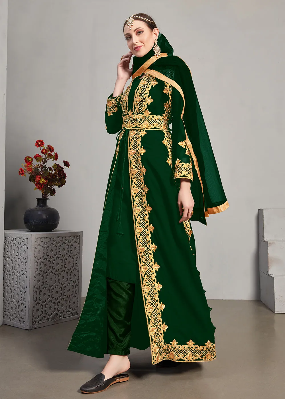 Green Pant Style Jacket Georgette Anarkali Suit