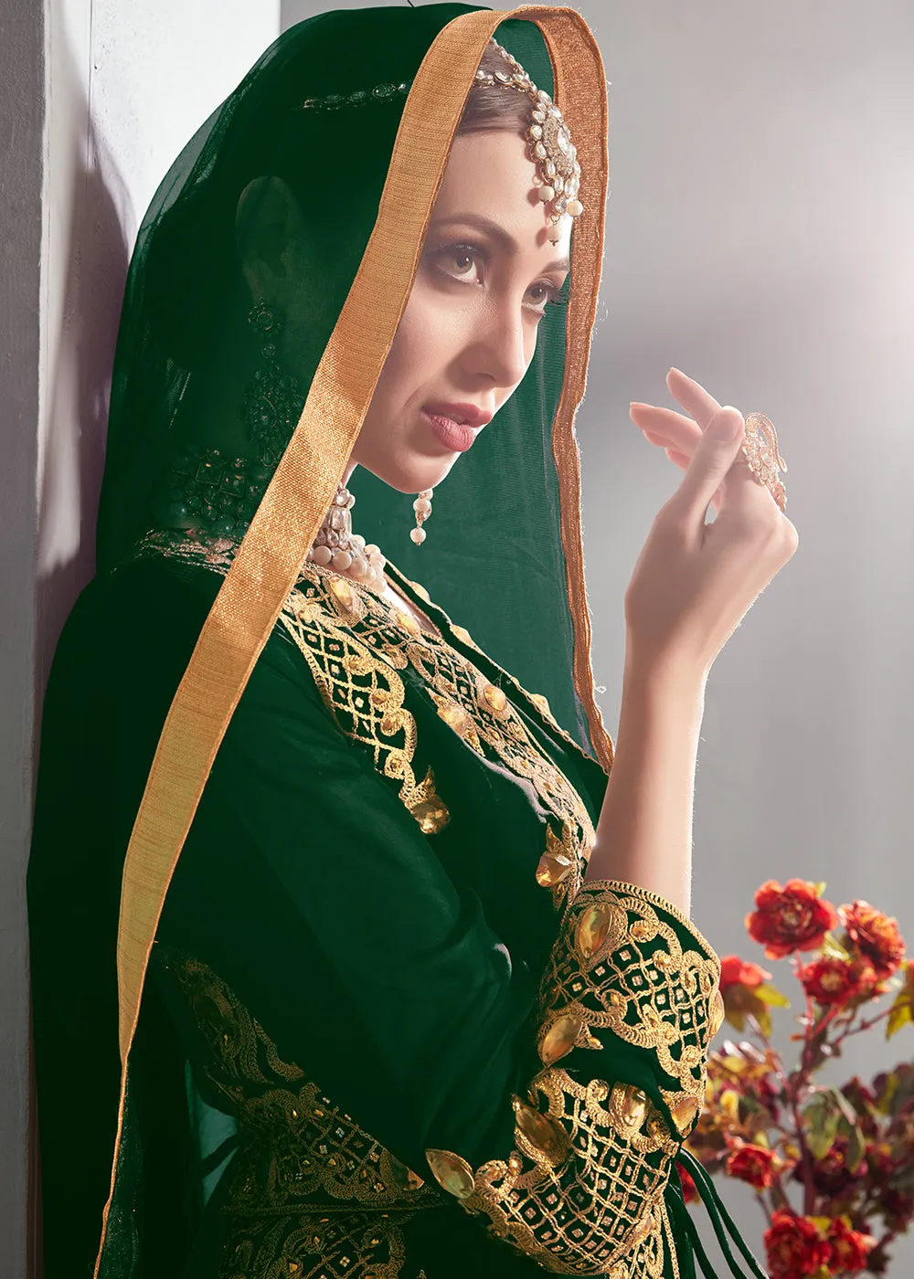 Green Pant Style Jacket Georgette Anarkali Suit