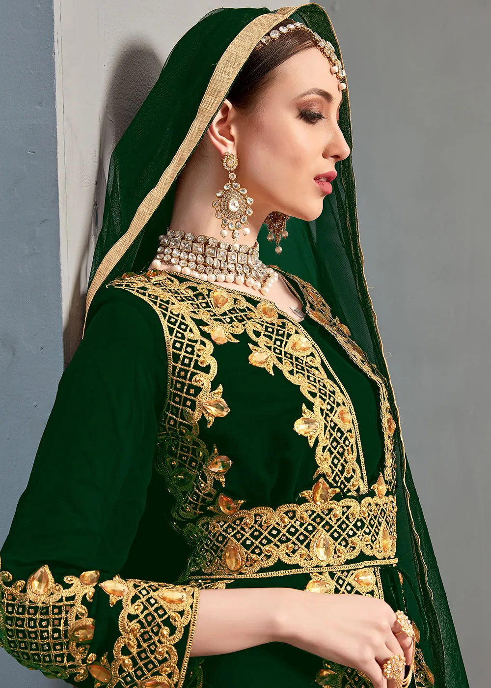 Green Pant Style Jacket Georgette Anarkali Suit