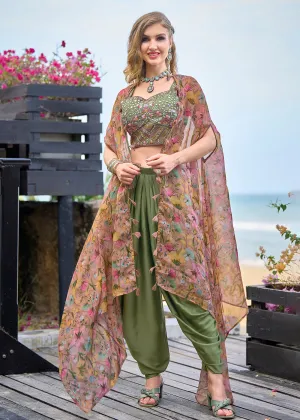 Green Satin Silk Embroidered Dhoti Style Crop Top Suit