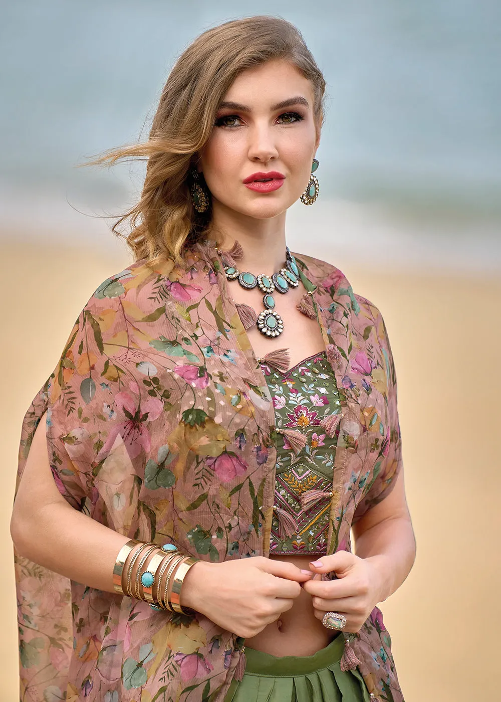Green Satin Silk Embroidered Dhoti Style Crop Top Suit