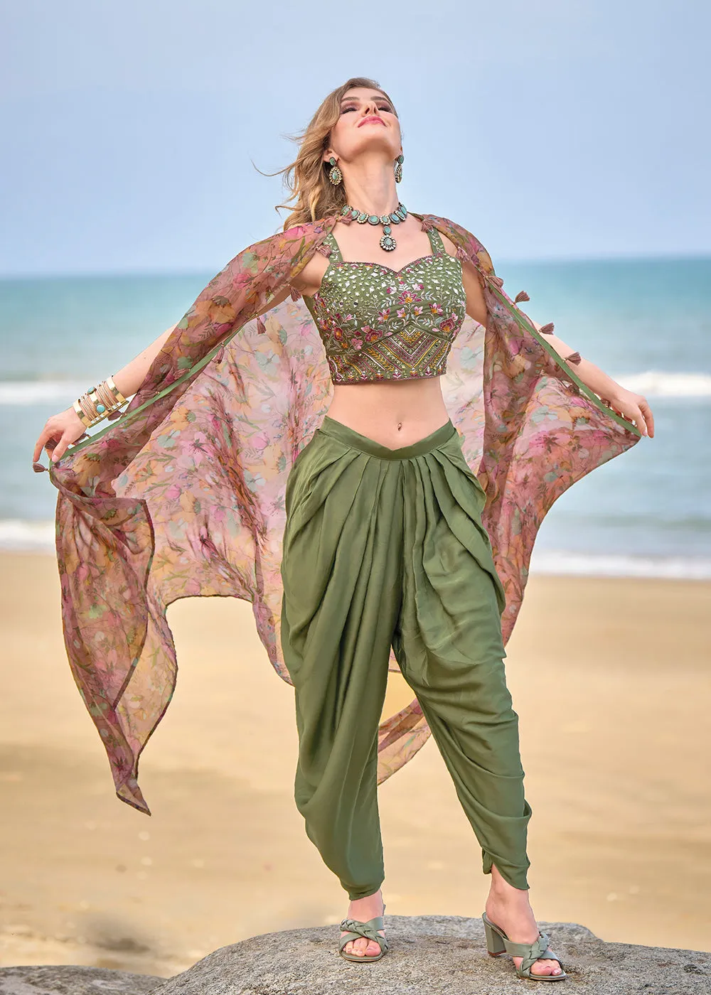 Green Satin Silk Embroidered Dhoti Style Crop Top Suit