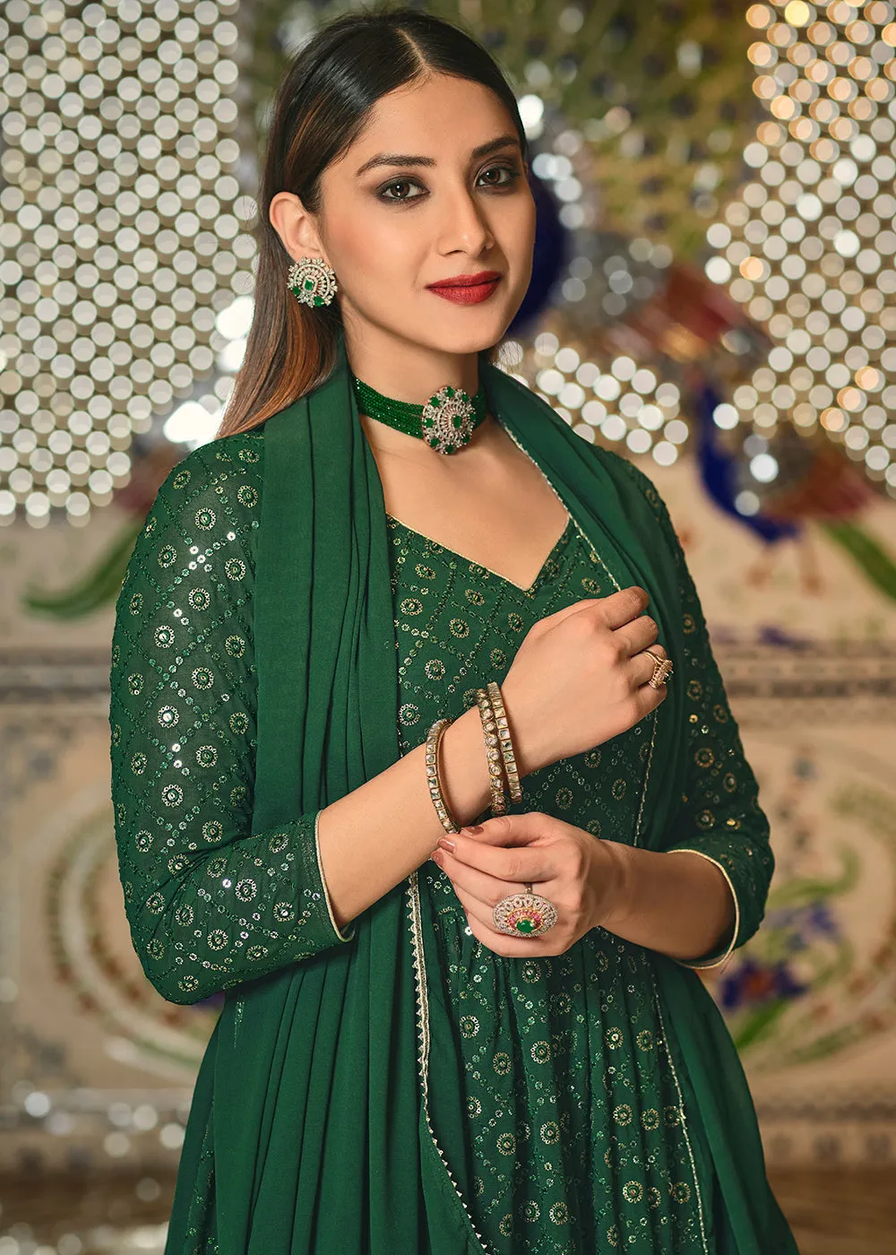 Green Sequins Front Slit Wedding Wear Anarkali Lehenga