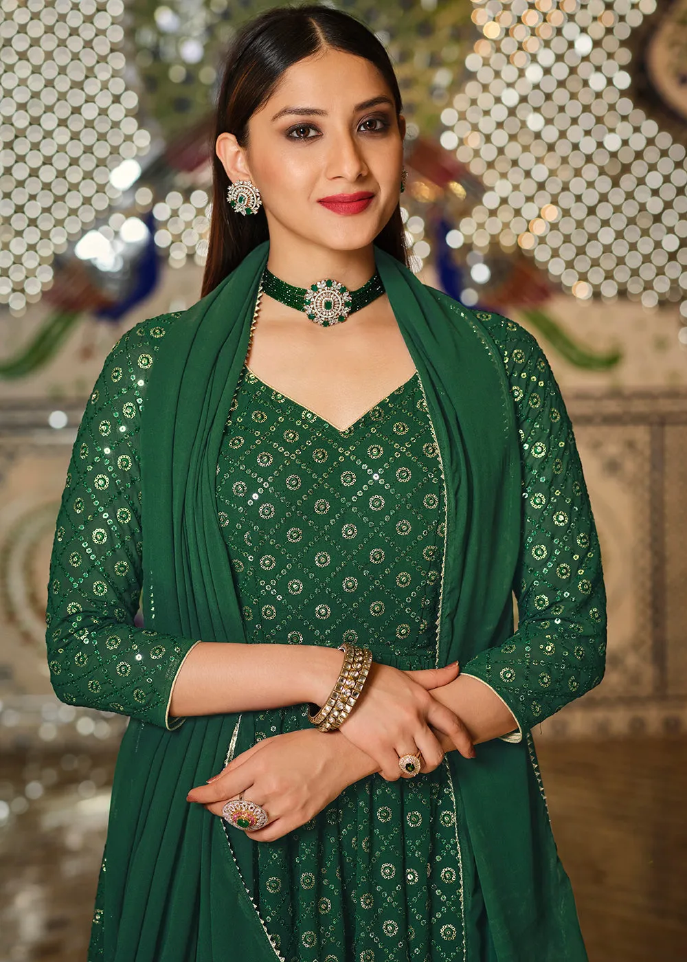 Green Sequins Front Slit Wedding Wear Anarkali Lehenga