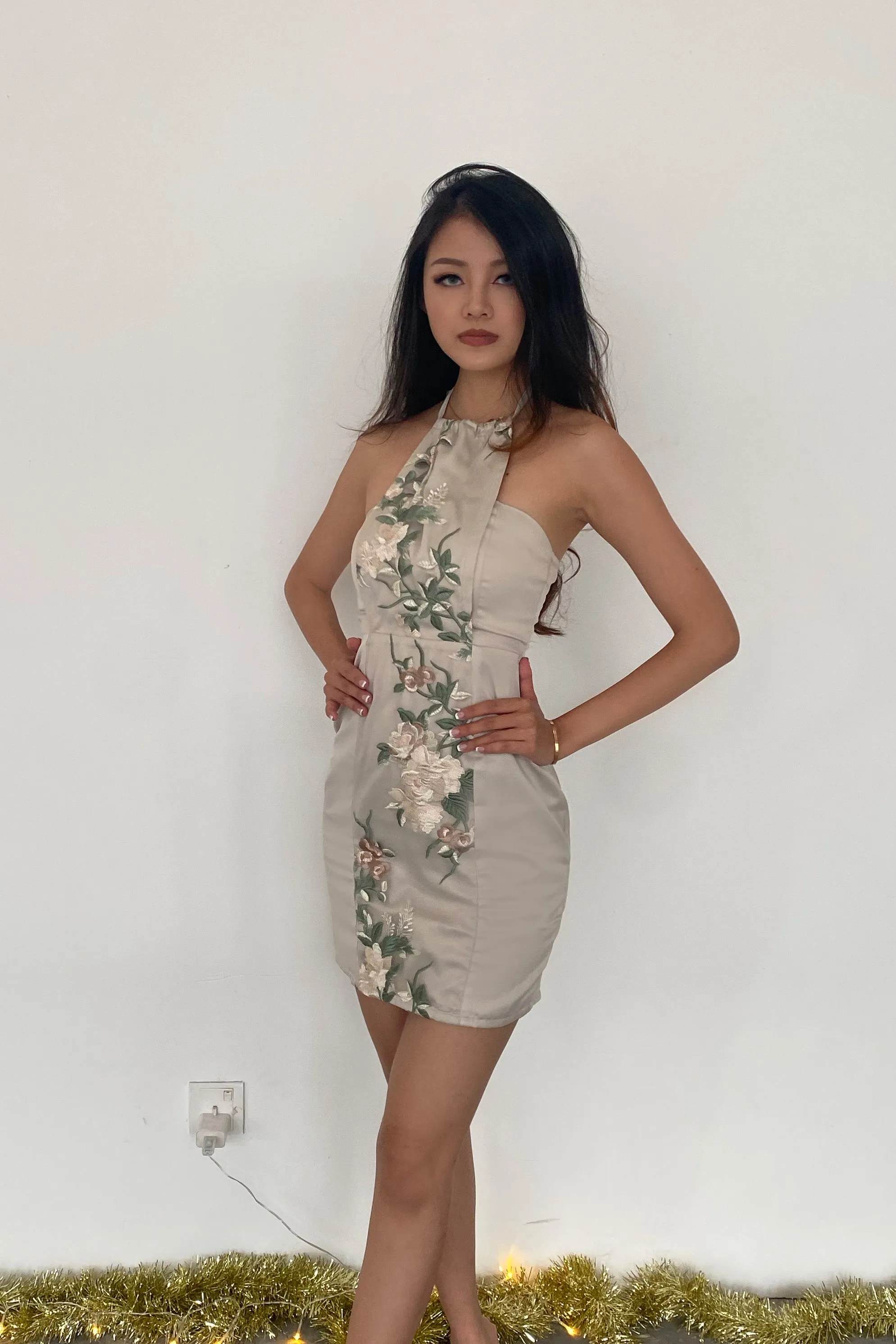 Hemera Floral Midi Dress in Silver Champagne