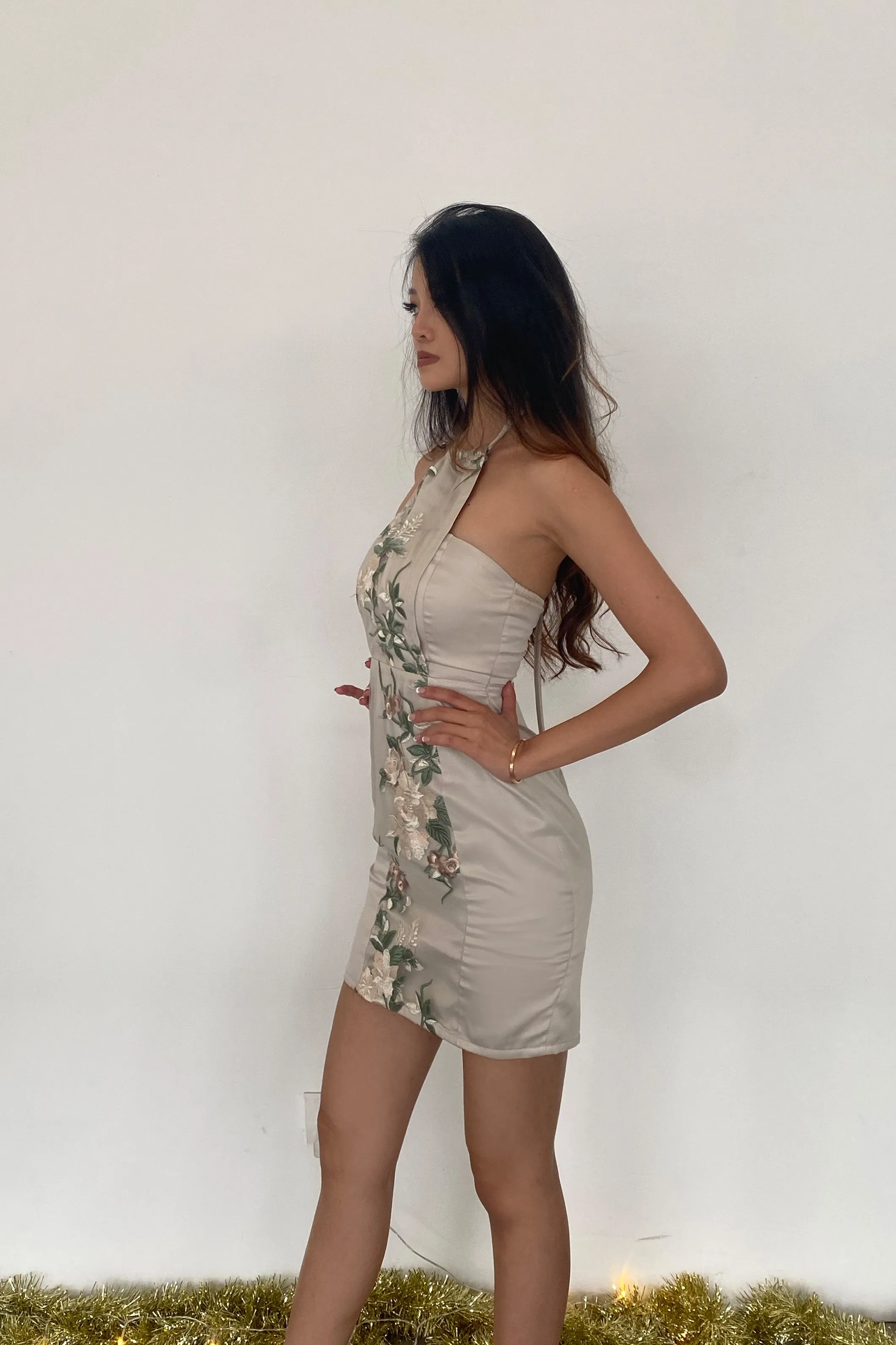 Hemera Floral Midi Dress in Silver Champagne