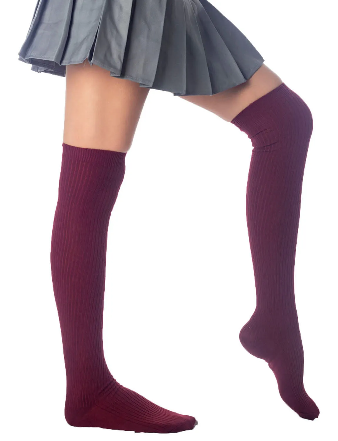 iB-iP Women's Plain Pattern Stylish Solid Color Hold-up Thigh High Long Socks