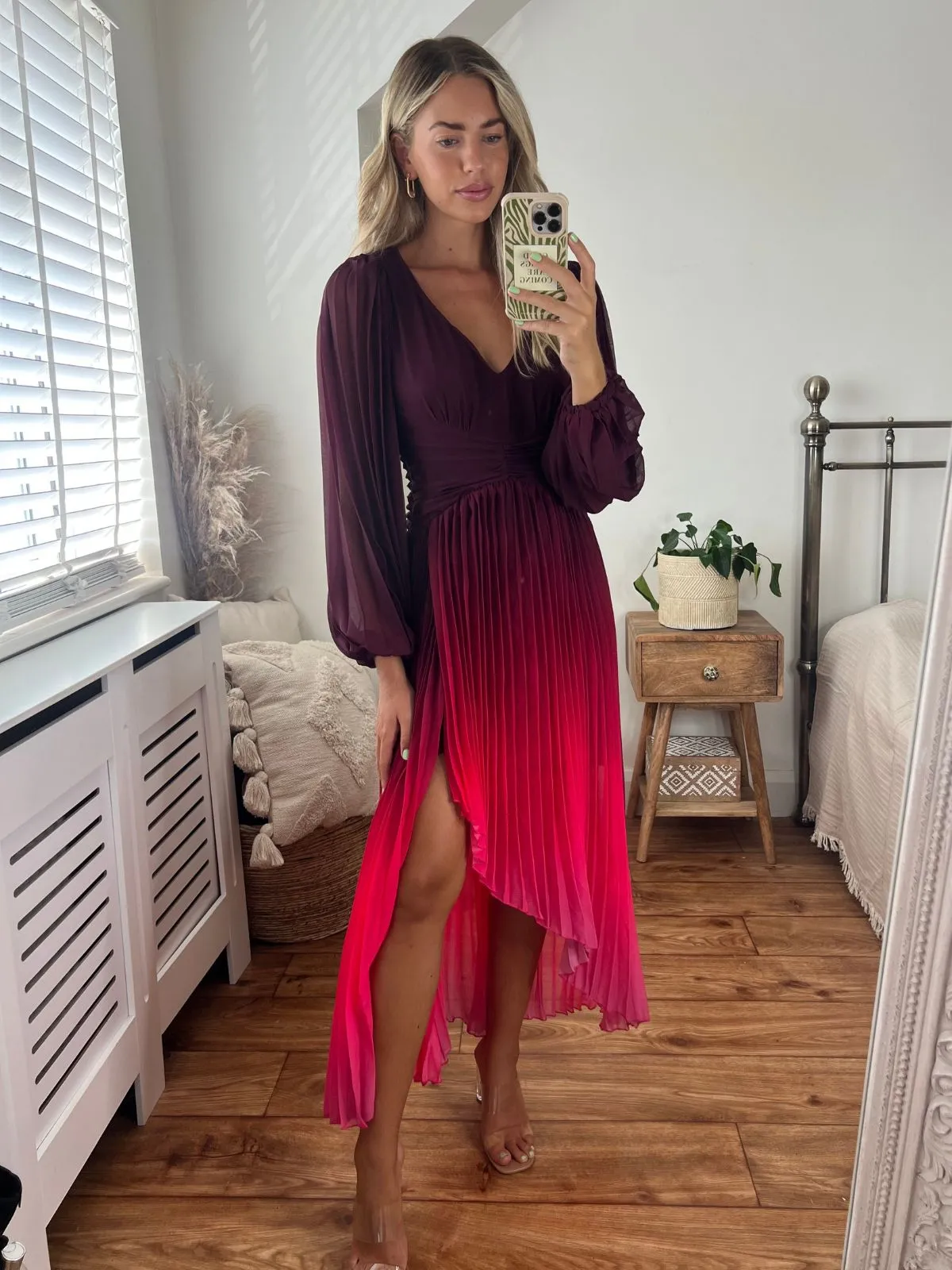 IMPERFECT Toni Long Sleeved Pleated Maxi Dress / Mulberry & Pink Ombre