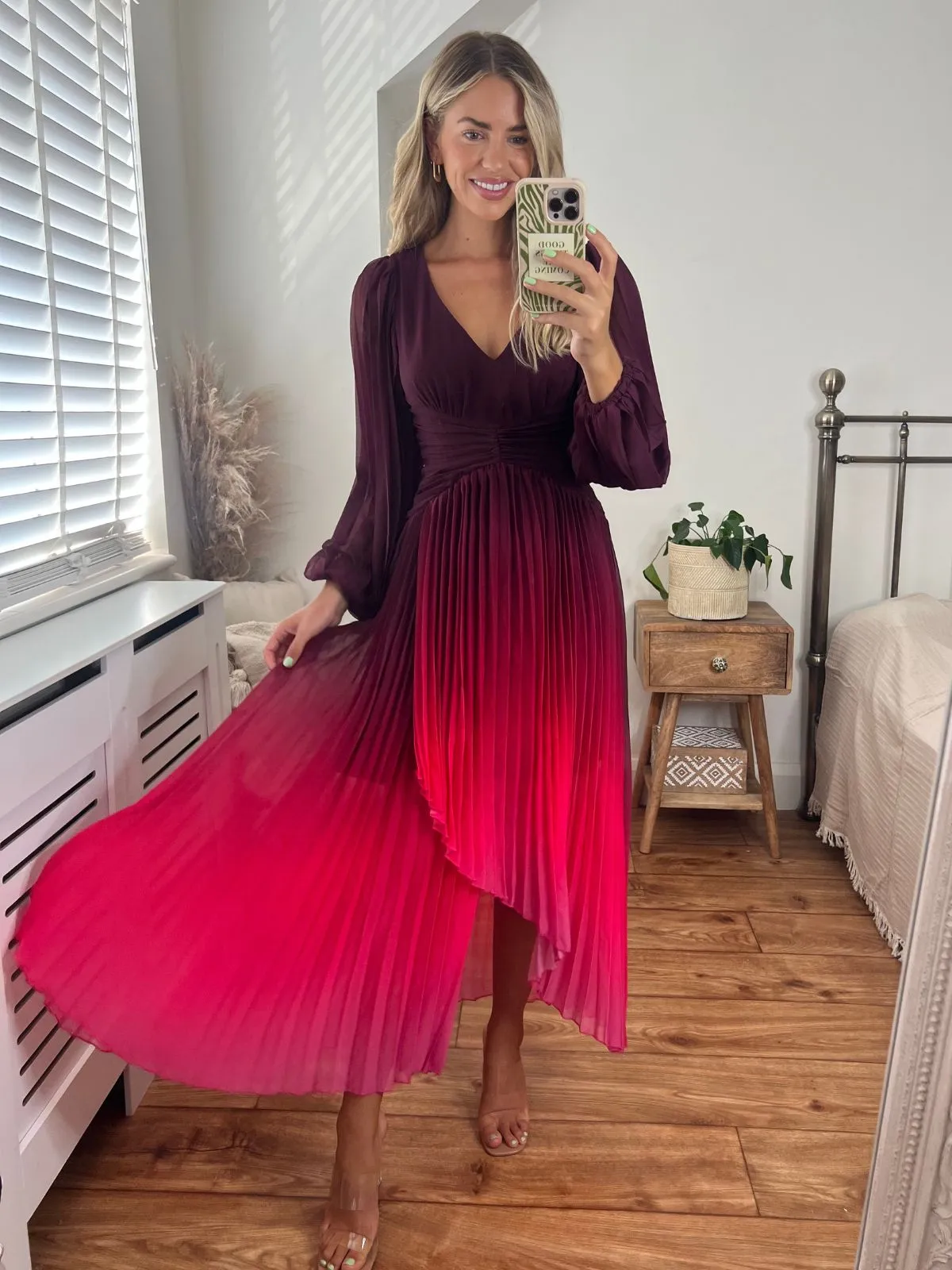 IMPERFECT Toni Long Sleeved Pleated Maxi Dress / Mulberry & Pink Ombre