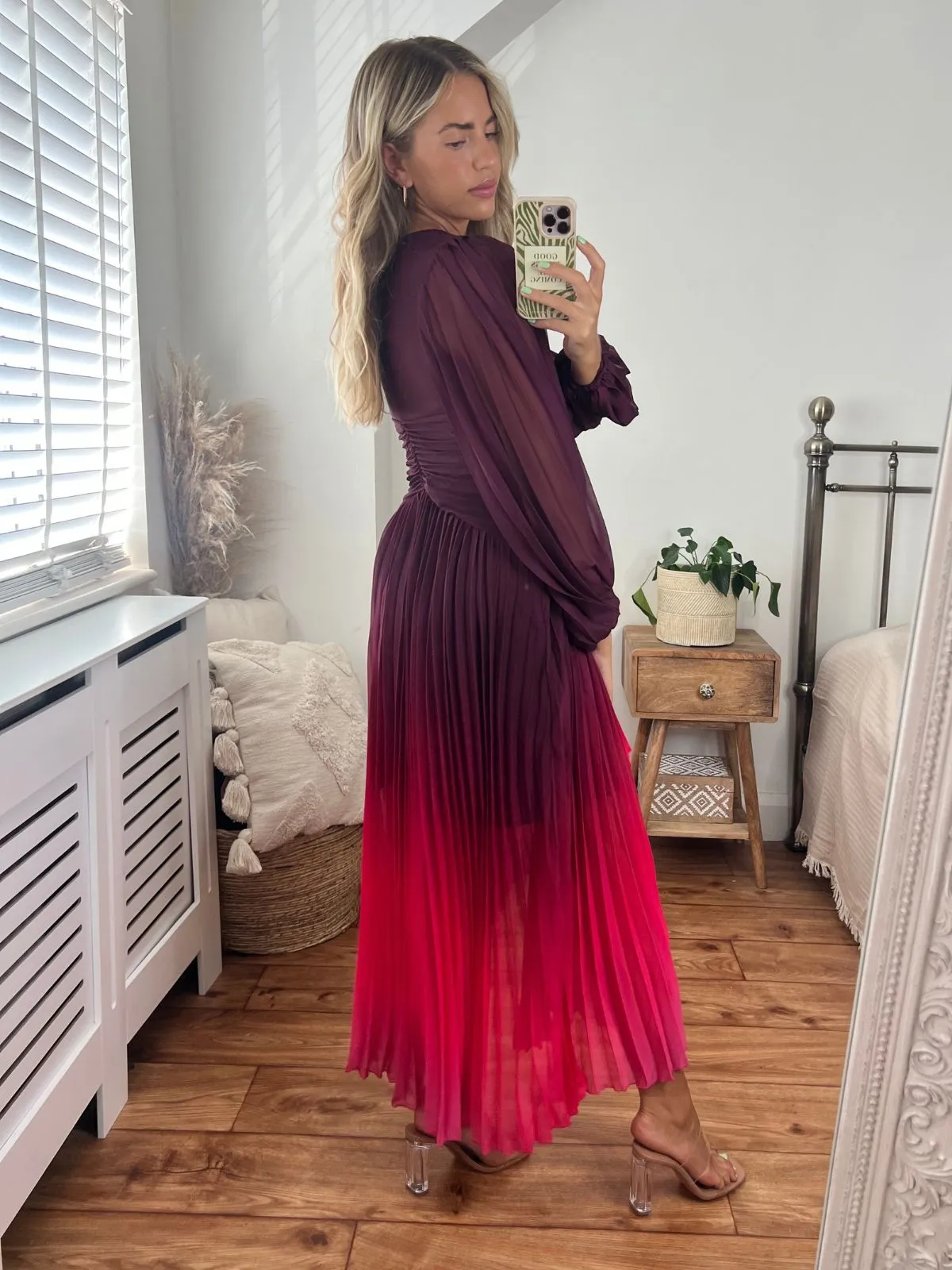 IMPERFECT Toni Long Sleeved Pleated Maxi Dress / Mulberry & Pink Ombre