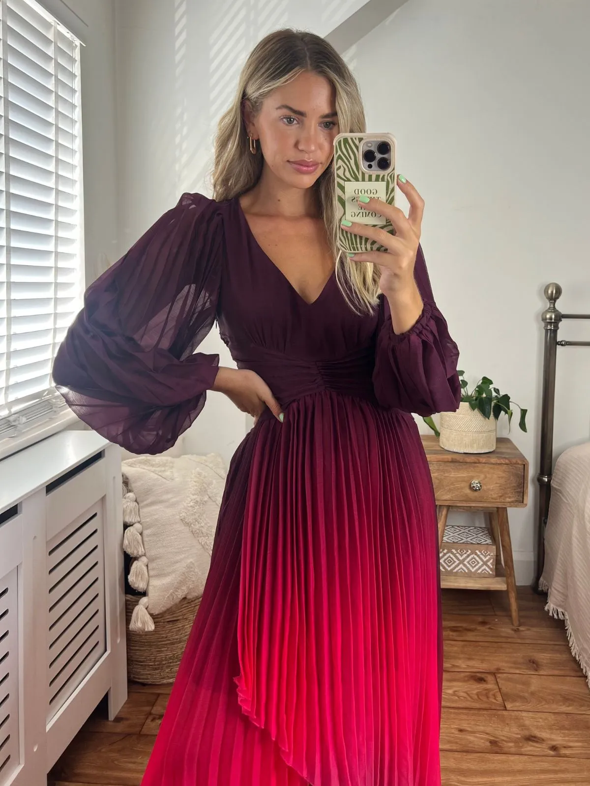IMPERFECT Toni Long Sleeved Pleated Maxi Dress / Mulberry & Pink Ombre