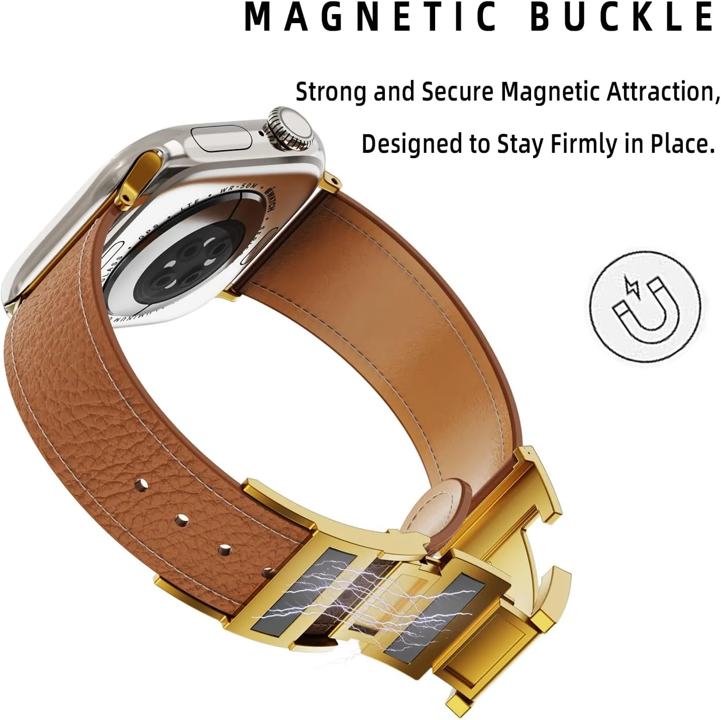 Leather Magnetic Watch Band Compatible with Apple Watch Ultra 49mm 46mm 45mm 44mm 42mm 41mm 40mm 38mm, Designer Replacement Strap for Women Men iWatch Series 9/8/7/6/5/4/3/2/1/SE/Ultra 2