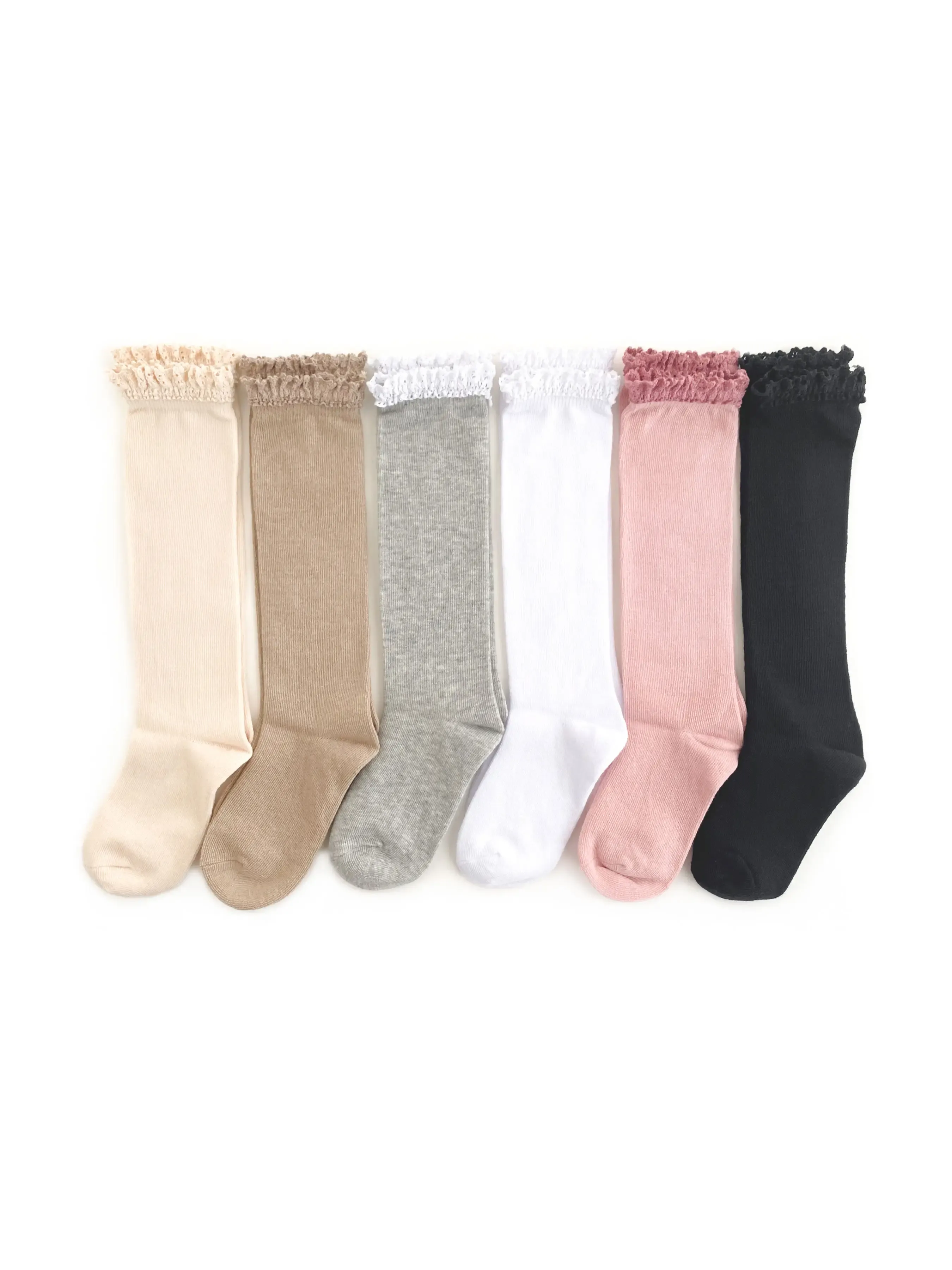 Little Stocking Co  | Knee High Lace Top Knit Socks 6 Pack ~ Basics & Neutrals